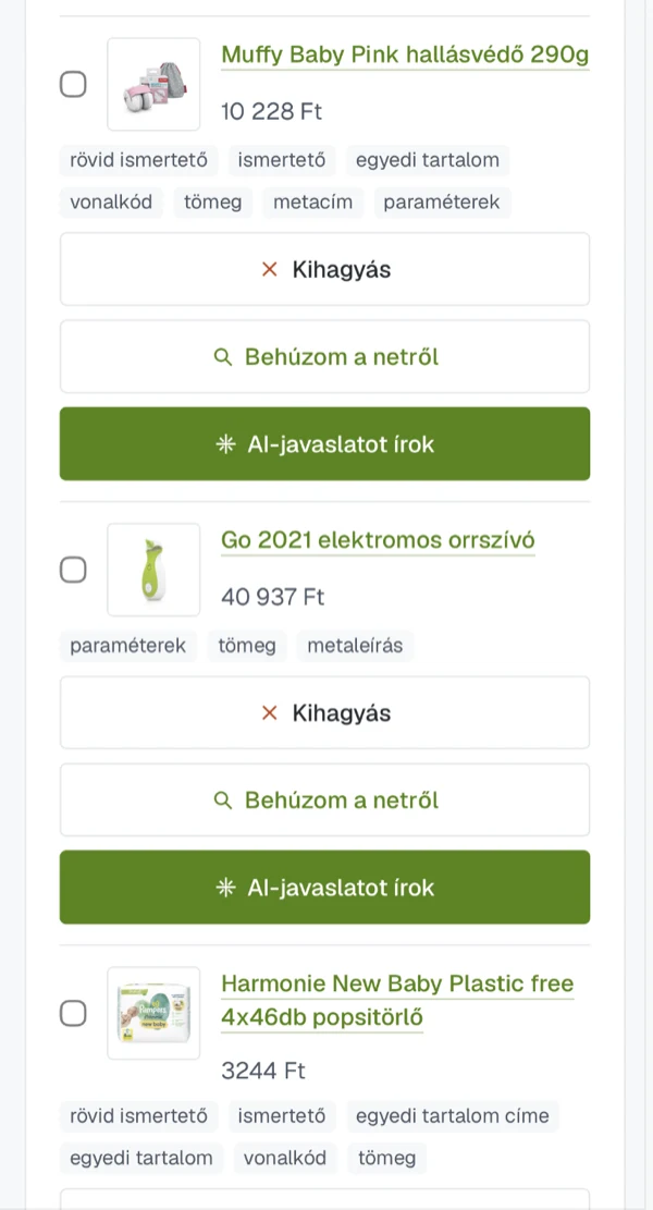 New-product preparation: tags for the missing fields, with options to skip, search the web, or use an AI suggestion