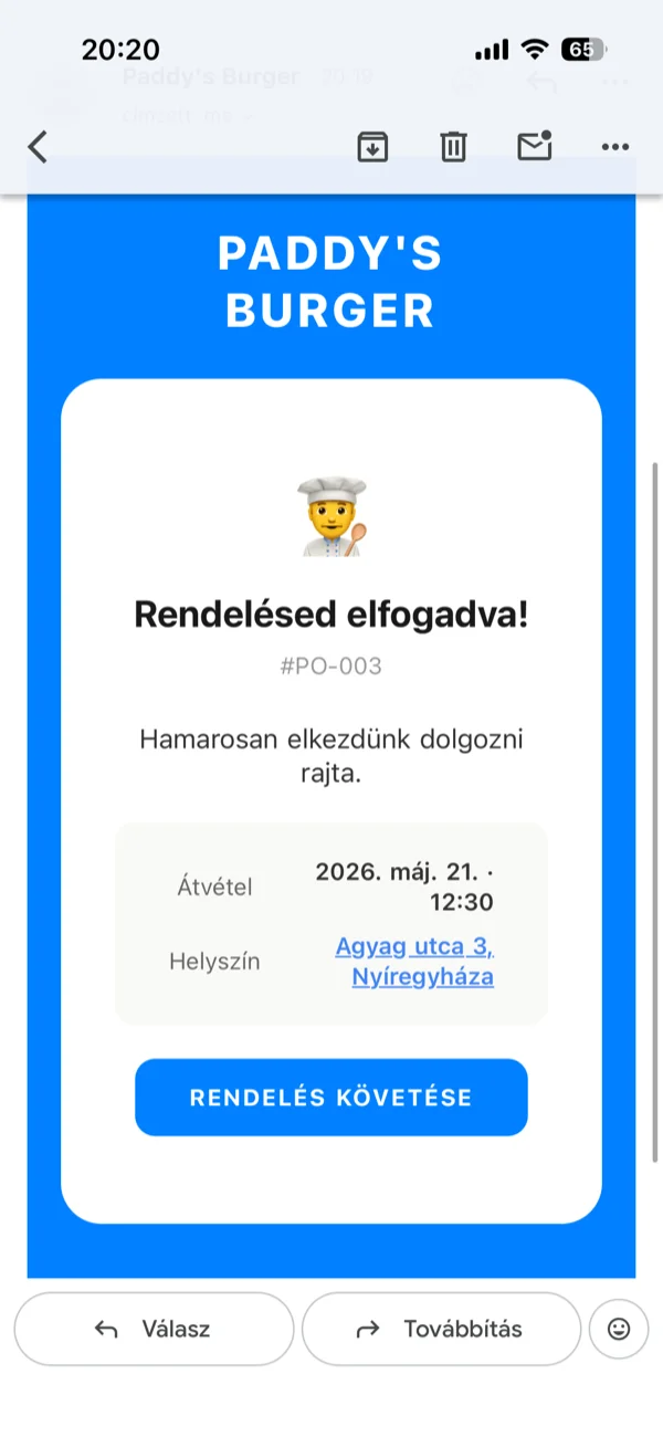 Automated emails across the lifecycle: confirmation, accepted, preparing, ready, thank-you