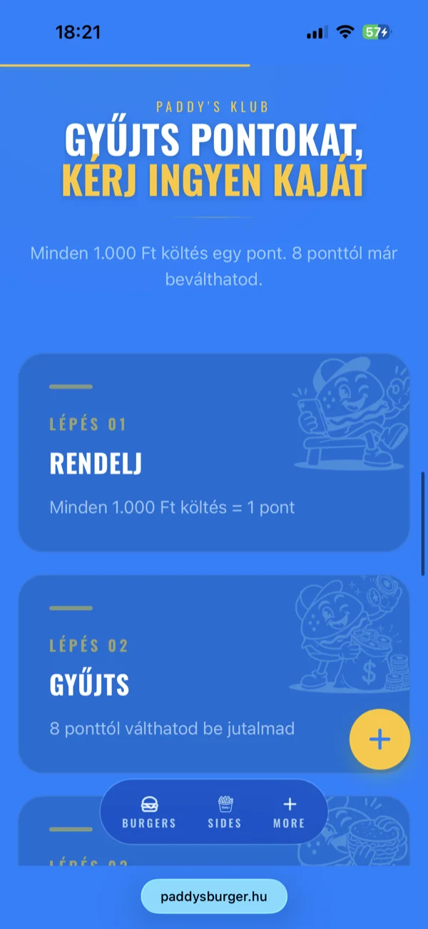 The home page's consecutive sections: hero, menu, Paddy's Club, FAQ