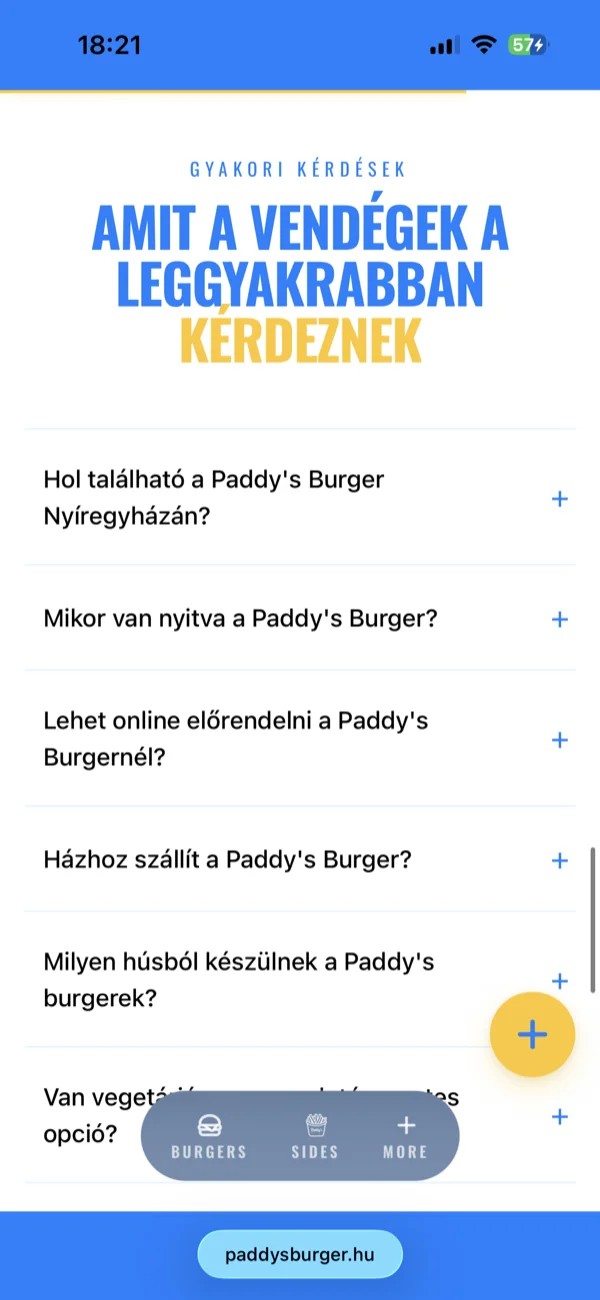The home page's consecutive sections: hero, menu, Paddy's Club, FAQ
