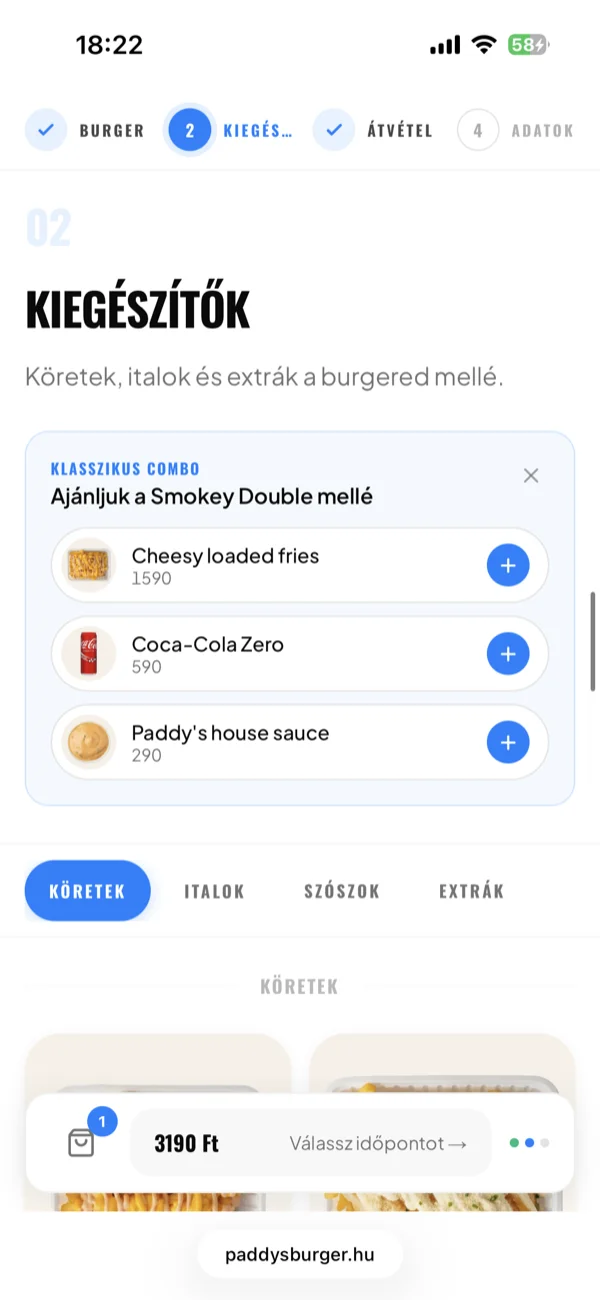 The four-step pre-order: burger, add-ons, pickup, details