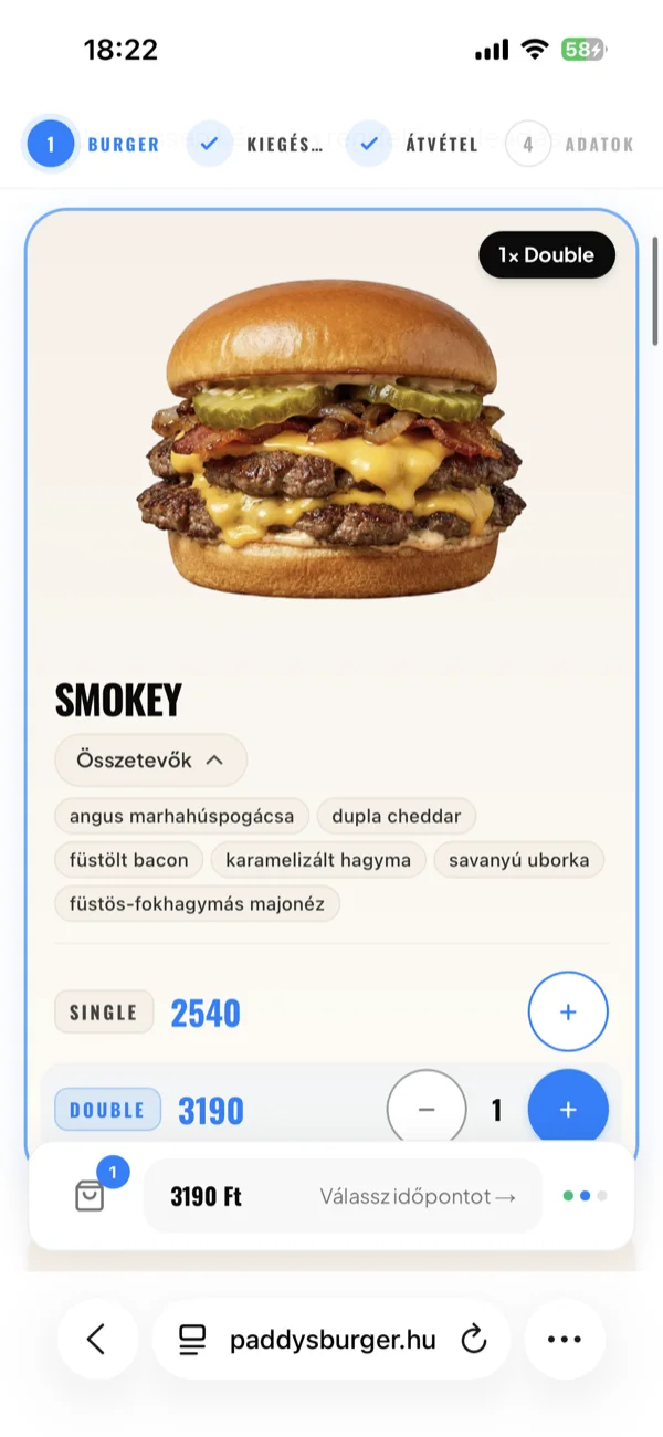 The four-step pre-order: burger, add-ons, pickup, details