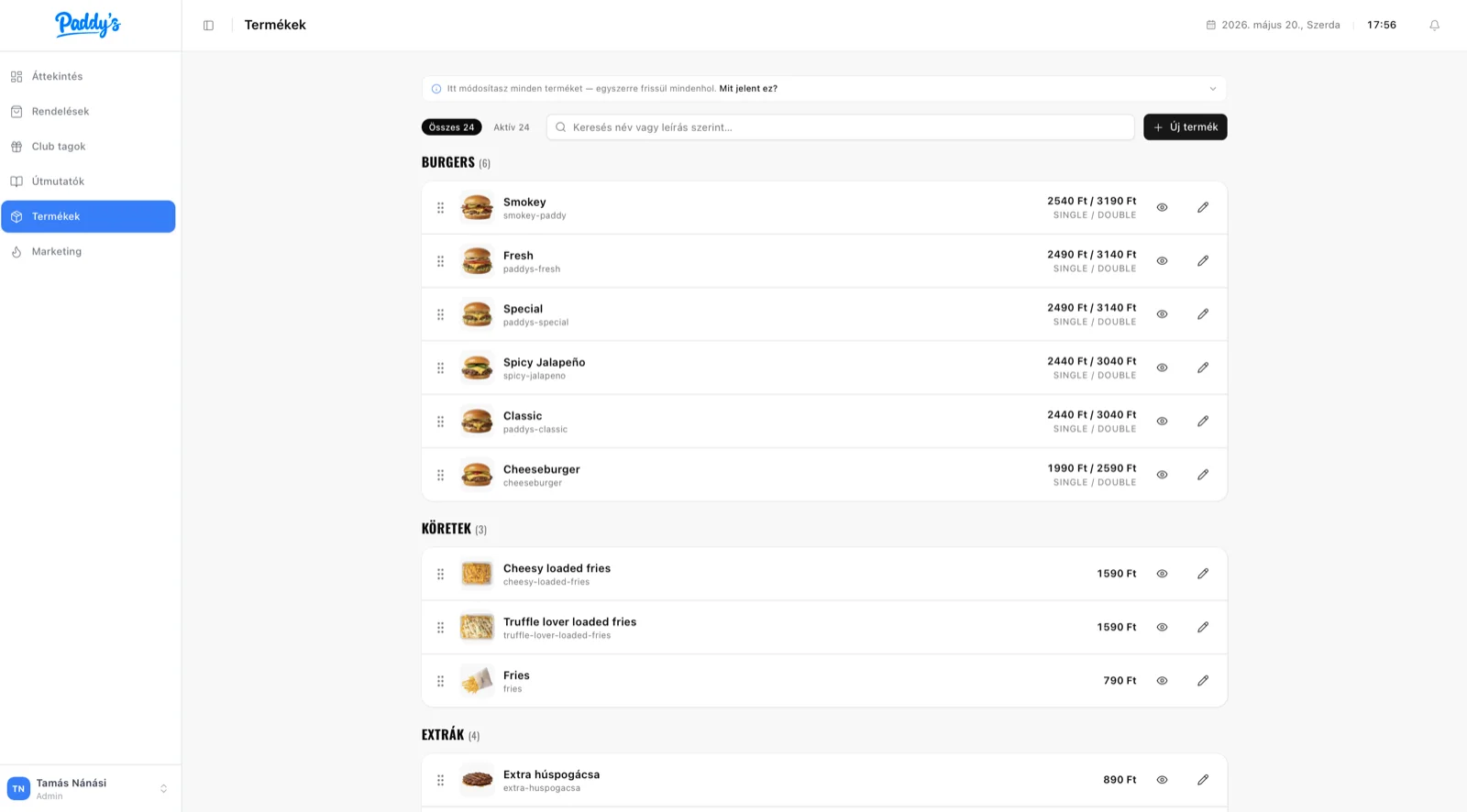 Menu management: products, prices and variants in the staff's hands
