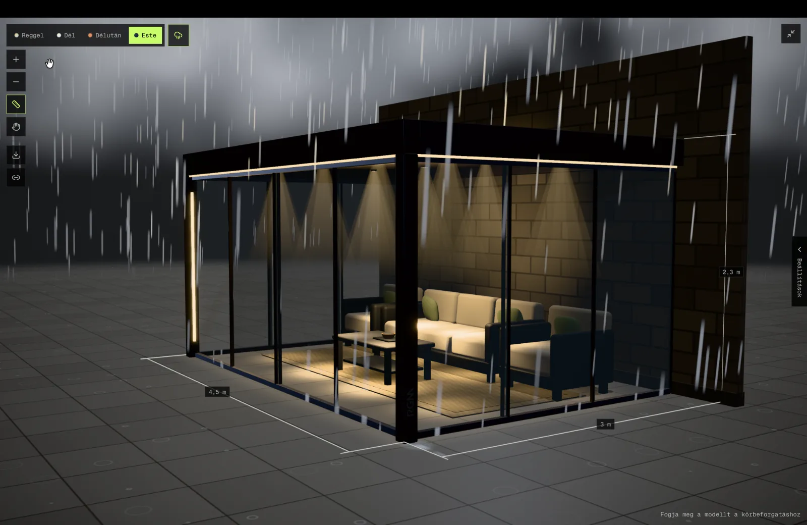Rain mode: closed roof, glass walls, LED light cones
