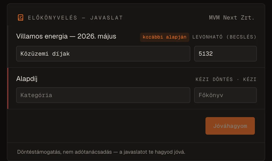 A pre-coding suggestion on an incoming bill: category and deductible VAT, waiting for your approval