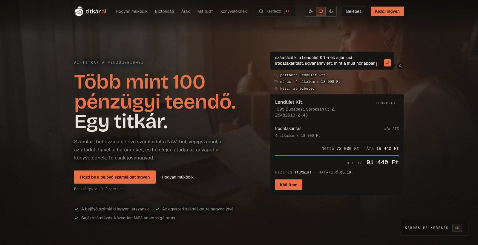 A titkar.ai nyitóoldala asztali nézetben és a számla előnézete mobilon