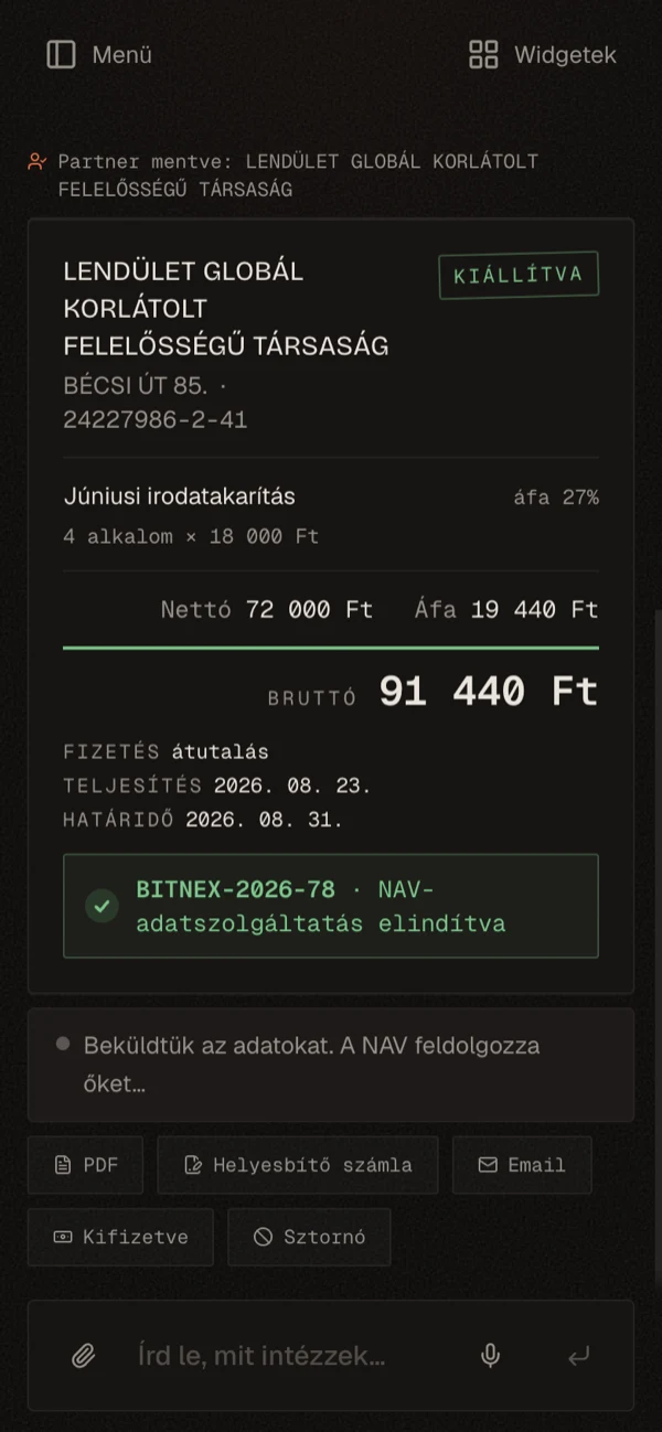 A folyamat mobilon: üres asszisztens, előnézeti kártya, kiállított és NAV-nak jelentett számla